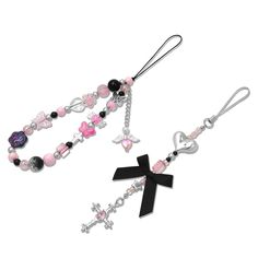 two rosarys with black and pink beads, one has a cross hanging from it