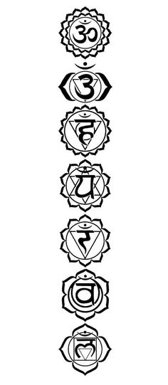 the seven chakras in black and white, with different symbols on each side