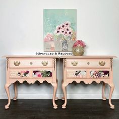 two pink dressers with flowers painted on them and one has a painting above it