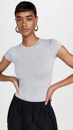 AFRM Harper Crewneck Bodysuit | Shopbop Stretch Short Sleeve Bodysuit For Loungewear, Gray Short Sleeve Summer Bodysuit, Solid Short Sleeve Bodysuit For Loungewear, Stretch Short Sleeve Bodysuit With Crew Neck, Basic Stretch Tops Short Length, Fitted Casual Short Sleeve Bodysuit, Casual Short Sleeve Elastane Bodysuit, Seamless Stretch Top With Short Length, Short Sleeve Bodysuit For Loungewear