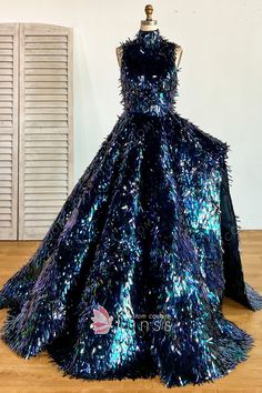 Dazzling Iridescent Midnight Long-sword Sequin Prom Gown - Lunss Galaxy Formal Dress, Iridescent Dress Evening Gowns, Galaxy Gown, Octopus Dress, Holographic Dress, Clown Stuff, Pageant Evening Gowns, Big Dress, Custom Made Prom Dress