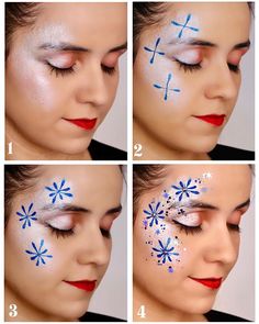 Frozen Face Paint, Face Paint Tutorial, Painted Snowflakes, Princess Face Painting, Frozen Face, Girl Face Painting, Christmas Eye Makeup, Face Painting Tutorials