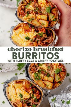 three breakfast burritos with fluffy eggs and crispy potatoes in foil wrappers