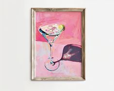 an oil painting of a martini glass on a pink background