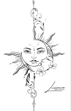 the sun and moon tattoo design is shown in black and white, with flowers on it