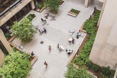 an overhead view of people sitting at tables in the middle of a courtyard with trees