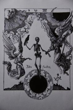 a drawing of skeletons and angels on a white sheet with the words tarro written below it