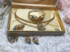 Beautiful complete vintage jewelry set. All gems are intack. Set includes necklace, spring action cuff bracelet, screw earrings, and two brooches. Box is marked Original by Carla. Screw Earrings, Vintage Jewelry Sets, All Gems, Seed Pearl, Necklace Earrings, Wyoming, Cuff Bracelet, Jewelry Set, Brooch Pin