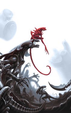 a red dragon sitting on top of a black and white background