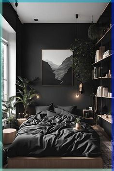 Bedroom Black Wall Ideas, Modern Sleek Apartment, Dark Panelling Bedroom, Modern Chic Bedroom Ideas, Black Bedroom With Plants, Moody Minimalist Bedroom, Black Bedroom Paint, Bedroom With Black Wall, Chic Black Bedroom