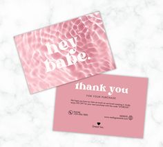 two pink business cards with the words thank you