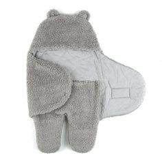 a gray teddy bear sleeping bag on top of a white background with the hood open