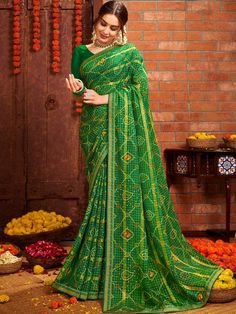 Prabha Saree - Roop Darshan Traditional Wardrobe, Bandhani Print, Indian Women Painting, Women Painting, Border Saree, Designer Blouse Patterns, Designer Blouse, Chiffon Material, Printed Sarees