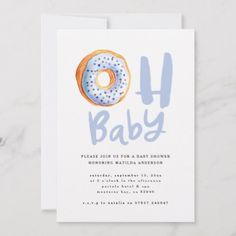 a blue donut baby shower card with the words oh baby on it