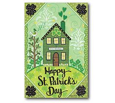 a st patrick's day card with a house and shamrocks