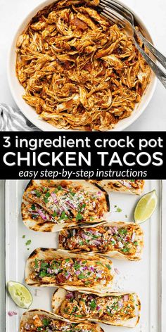 three ingredient crock pot chicken tacos on a platter with lime wedges