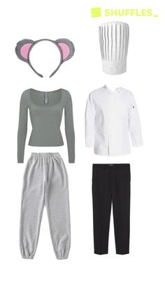 three pieces of clothing with ears on top and bottom, one in grey and the other in white