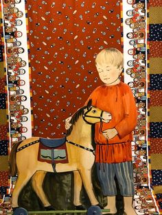 a painting of a young boy standing next to a toy horse on a patchwork background