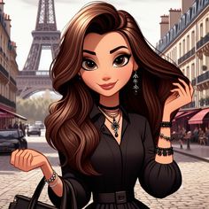 an animated woman in front of the eiffel tower with her hand on her shoulder