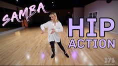 a woman standing on top of a wooden floor in front of a sign that says hip action