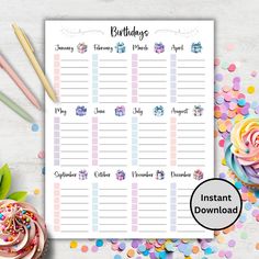 a printable birthday planner with cupcakes and sprinkles on it