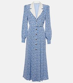 Floral silk shirt dress in blue - Alessandra Rich | Mytheresa Luxury Chic Button-up Dresses, Luxury Button-up Shirt Dress For Spring, Luxury Casual Blue Shirt Dress, Modern Genshin, Genshin Dr, Luxury Long Sleeve Floral Print Shirt Dress, Floral Silk Shirt, Slavic Style, Luxury Blue Button-up Shirt Dress