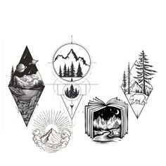 four different types of mountains and trees in black and white ink on a white background