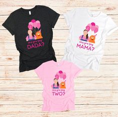 three t - shirts that say what's my mama? and have balloons on them