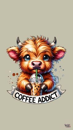 a small brown dog holding a drink with the words coffee adict written on it