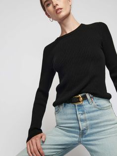 A true elevated essential. A lightweight sweater with a flattering knit front that pairs well with everything (even warmer weather)... (This one comes in Black.) | Women's Iara Sweater Top in Black | Ethical Essentials Classic Ribbed Everyday Sweater, Classic Ribbed Sweater For Everyday, Versatile Ribbed Sweater For Work, Versatile Ribbed Workwear Sweater, Fitted Sweater With Ribbed Cuffs For Everyday, Relaxed Fit Ribbed Sweater For Work, Versatile Fitted Sweater For Everyday, Chic Sweater With Relaxed Fit For Everyday, Chic Relaxed Fit Sweater For Everyday