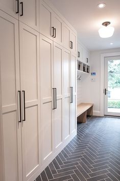 Mud Room Entrance Storage Cabinets, Built In Storage Mudroom, Long Mud Room Ideas, Kitchen To Mudroom Transition, Laundry Mudroom Entryway, Laundry Room With Cubbies, Mudroom With Lots Of Storage, Mudroom From Garage To House, Mudroom Addition Off Kitchen