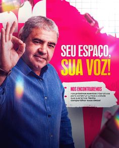 a man making the vulcan sign in front of a red and white background with words that read seu espaco, sua voz