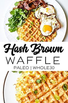 two waffles with eggs and bacon on top are shown in this collage