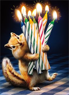 front of card has a chipmunk holding multiple birthday candles on a blue and white checked tablecloth Happy Birthday Illustration, Birthday Wishes Pics, Birthday Candle Card, Funny Happy Birthday Wishes, Happy Birthday Wishes Quotes