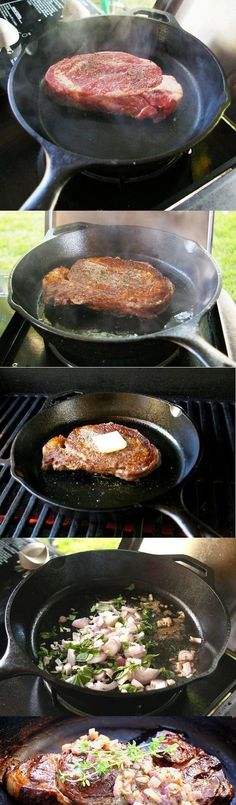 four pans filled with food cooking on top of a grill