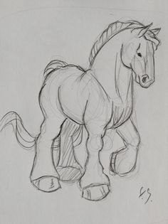 a pencil drawing of a horse standing on one leg and looking back at the viewer