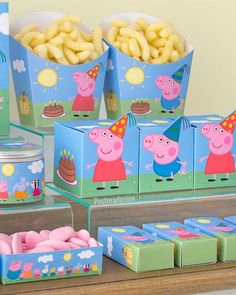 peppa pig birthday party supplies including candy, candies and snacks for kids to eat