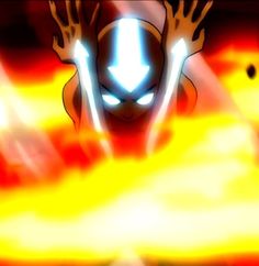 an animated image of a man with his hands up in front of fire and flames