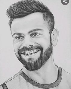 a pencil drawing of a man with a beard smiling at the camera and wearing a t - shirt