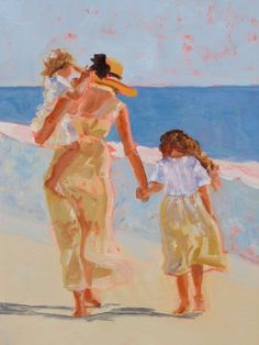 an oil painting of a mother and daughter walking on the beach