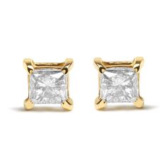 Enhance your elegance with these radiant IGI certified princess stud earrings. Crafted with 14K yellow gold, they feature two natural diamonds, each weighing 5/8 carats. The diamonds are cut in a classic princess shape and set in a timeless 4-prong setting. The color of the diamonds ranges from K-L and the clarity is SI2-I1, making them ideal for those who appreciate classic elegance and timeless beauty. These earrings are secured with a push back finding, ensuring they stay in place comfortably all day long. Whether you're dressing up for a special occasion or adding a touch of sophistication to your everyday look, these earrings are sure to make you feel confident and beautiful. Indulge in the luxurious beauty of these earrings, and enjoy their timeless elegance for years to come. The ad Princess Cut Gold, Yellow Gold Solitaire, Solitaire Studs, Princess Cut Diamond, Princess Diamond, Diamond Hoop Earrings, Anklet Jewelry, Natural Brown, Princess Cut Diamonds