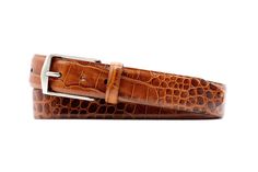 William 2 Buckle Hand Finished Alligator Grain Italian Calf Leather Belt - Chestnut Luxury Calf Leather Belts, Luxury Classic Calf Leather Belt Buckles, Luxury Classic Cognac Belt Buckles, Luxury Formal Cognac Belt Buckle, Luxury Calf Leather Belt For Men, Luxury Rugged Leather Belt, Chestnut Color, Saddle Leather, Brushed Nickel