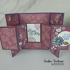 This double accordion gatefold card is a fairly simple fun fold. Let me tell you how I created my card. There is a video as well. Accordion Cards, Fancy Fold Card Tutorials, Tri Fold Cards, Birthday Card Craft, Accordion Fold, Diwali Diy