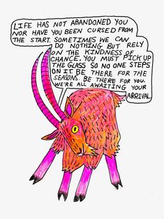 a drawing of an orange and pink animal with two speech bubbles above it