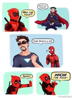 some comics with deadpools and spider - man in the middle one is talking to each