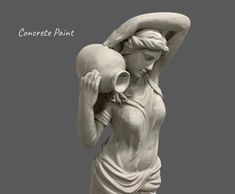 a white statue holding a vase with the words concrete paint on it's side