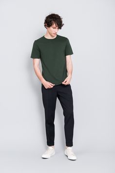 The ASKET T-shirt in dusty green #asket Minimal Style Outfits Men, Green T Shirt Outfit Men, Mens Green Outfit, Green Tshirt Outfit Men, Green T Shirt Outfit, Green Shirt Outfit Men, Green Black Outfit, T Shirt Outfit Men, Nice Casual Outfits For Men