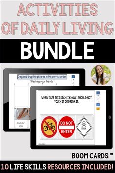 an ipad and tablet with text that reads activities of daily living bundle, which includes two different