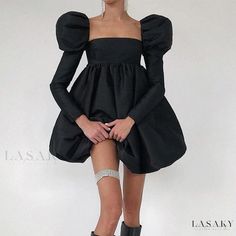 Lasaky - Palatial Satin Princess Dress with Puffy Sleeves and Square Neckline - Formal Wear with Long Sleeves and a Regal Touch Ivory Cocktail Dress, Evening Mini Dresses, Puffy Dresses, Bohemian Style Dresses, Elegant Party Dresses, Looks Party, Backless Mini Dress, Split Dress, Korean Dress