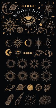 the moon and stars are drawn in gold ink on black paper, with an image of planets